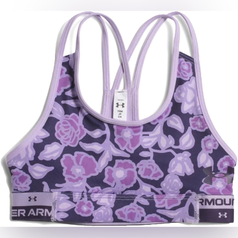 NEW Under Armour Girls' HeatGear Printed Sports Bra, Purple Octane Youth Large
